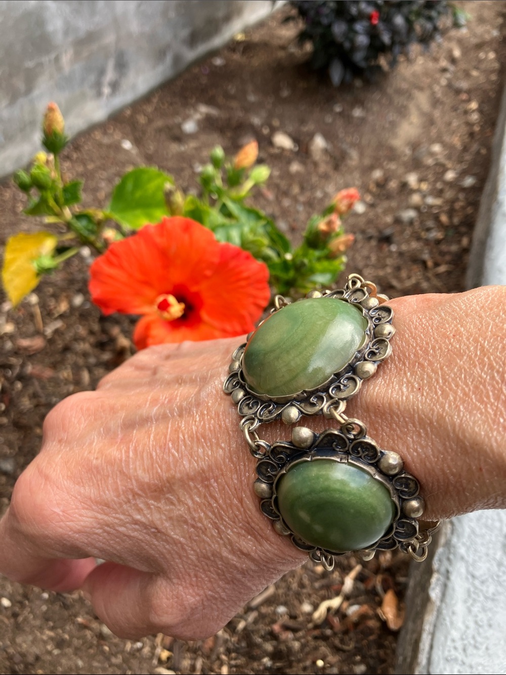 RARE! Massive Mexico Green Stone and Silver Bracelet